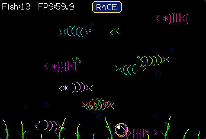 Fish Tank: colourful ASCII fish swimming over green seaweed