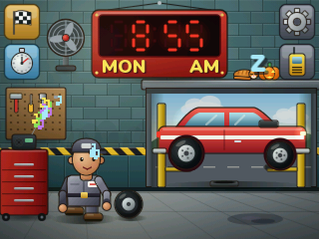 Shop Buddy: a cartoon mechanic in his shop with a red car on the lift